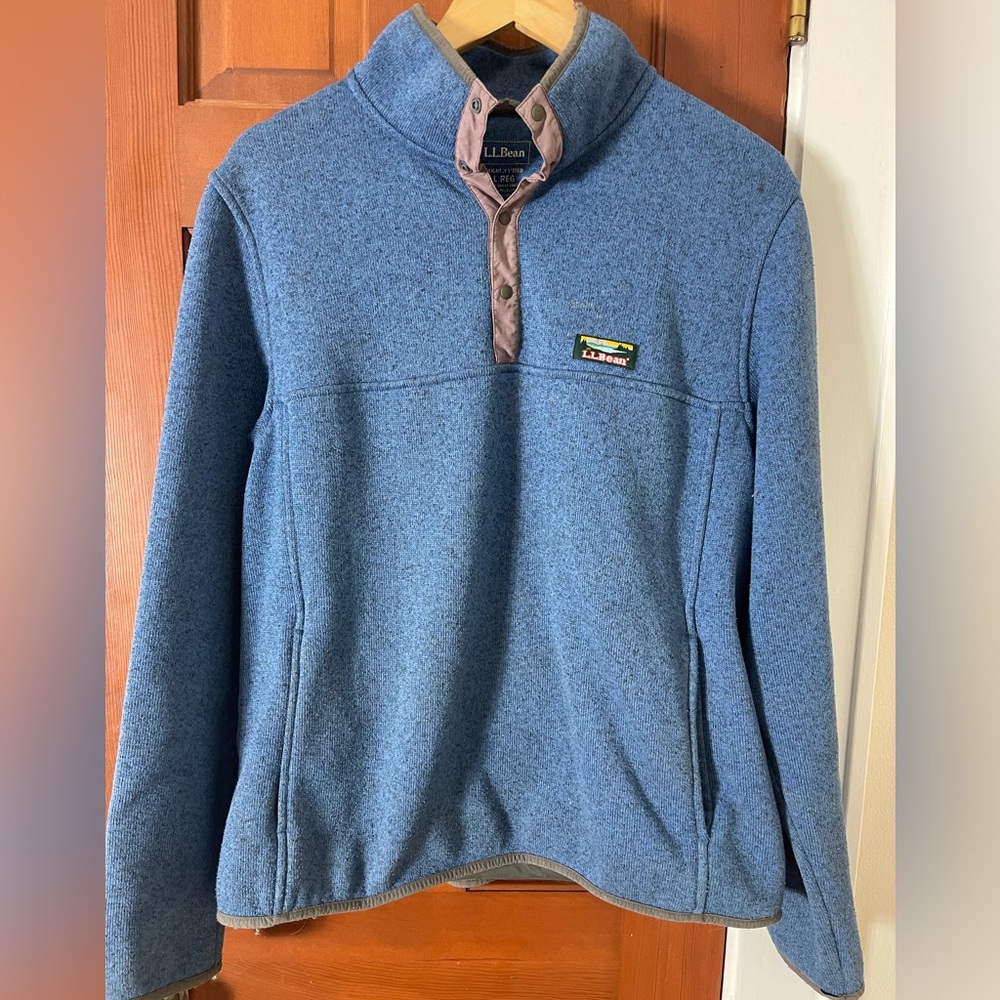 LL Bean Sweater Fleece Pullover blue Snap Chest Logo Size L Mens Slightly Fitted